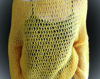 Alpaca Wool Crochet Sweater, Honey Yellow Spiderweb Pullover, Lightweight Openwork Top