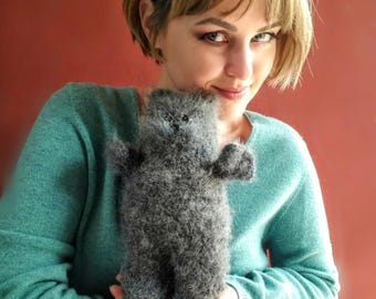 Crochet Cat Alpaca Wool Plushie. Gray Soft Cuddle Kitten Toy. Waldorf Inspired Stuffed Animal. USA Handmade Hypoallergenic Gift for Her