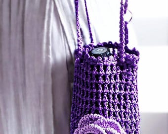 USA Handmade Crochet Purple Rose Mini Mesh Bag, Crossbody Purse, Designer Small Shoulder Bag, Festival Boho Accessory, One-of-a-Kind