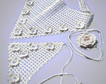White Crochet Cotton Mommy and Me Bandana Set. Matching Pet and Owner Kerchief. Boho Cottagecore Hip Scarf. Pet lovers Gift. USA Handmade.
