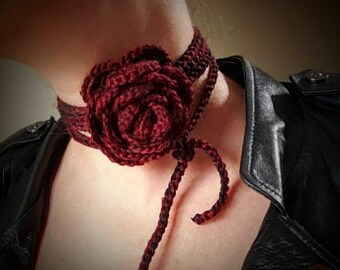 Merino Wool Crochet 3D Rosette Choker. Deep Red Flower Necklace. Whimsigoth Statement Accessory. USA Handmade Gift for Her.