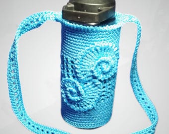 USA Handmade Crochet Water Bottle Bag, Aqua Polyester Cord, Ocean Appliqué,  Ships from US