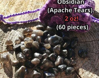 Colorado Apache Tears Raw Obsidian 2oz Crochet Velvet Pouch Crystal Medicine Bag Amulet