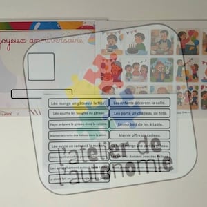 May include: A set of educational cards featuring a Joyeux anniversaire sheet with a blank space, a grid of twenty colorful illustrations depicting birthday activities, and a card with two columns of French sentences describing these scenes.