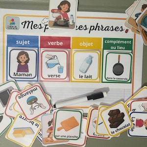 Peut inclure: Un support pédagogique intitulé Mes petites phrases avec des colonnes colorées pour le sujet, le verbe, l'objet et le lieu. Il comprend diverses cartes illustrées représentant des actions de cuisine et des ingrédients, ainsi qu'un feutre effaçable noir.