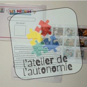 May include: An educational worksheet titled LES METIERS featuring a grid of illustrations depicting various professions, including a baker, doctor, firefighter, and veterinarian, alongside text prompts in French for a matching activity.