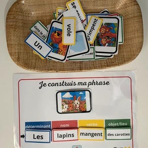 Peut inclure: Un ensemble éducatif d'apprentissage des langues avec des cartes et un tableau de construction de phrases. L'ensemble comprend des cartes avec des mots et des images, et un tableau avec le texte "Je construis ma phrase".