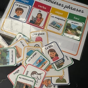 Può includere: Un supporto didattico plastificato intitolato Mes premières phrases con colonne colorate per soggetto, verbo, oggetto e luogo. Include varie piccole schede con illustrazioni e testo in francese che raffigurano persone, azioni, oggetti e luoghi.
