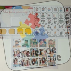Peut inclure: Fiches d'activités éducatives avec le texte Que fait le personnage, une grille d'icônes illustrées colorées représentant diverses actions et personnes, et un modèle vierge avec des carrés jaunes pour organiser ces cartes de communication.