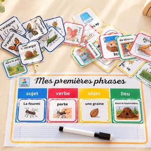 Può includere: Un tappetino educativo per l'apprendimento in francese intitolato Mes premières phrases con colonne codificate a colori per soggetto, verbo, oggetto e luogo, accompagnato da una raccolta di schede di vocabolario illustrate e un pennarello nero cancellabile.