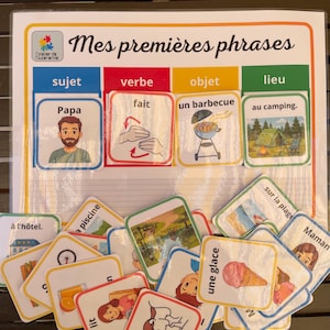 Pode incluir: Cartões educativos de aprendizagem da língua francesa com o texto "Mes premières phrases". Os cartões apresentam ilustrações e palavras para sujeitos, verbos, objetos e locais. Inclui cartões com imagens de um pai, um churrasco e acampamento.