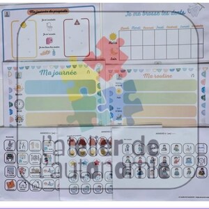 Peut inclure: Ensemble de tableaux de routine quotidiens illustrés avec du texte en français. Les tableaux comprennent des sections pour les activités du matin, de l'après-midi et du soir, avec des repères visuels et des espaces de suivi. Le tableau du haut est pour se brosser les dents.
