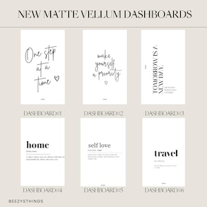 May include: Six black and white printable dashboard designs with inspirational quotes and definitions of words like "home", "self love", and "travel".