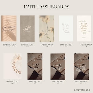May include: A collection of nine faith-themed dashboards with inspirational quotes and floral accents. The dashboards feature phrases like "God is within her, she will not fall" and "He died for me, I live for Him." The title "Faith Dashboards" is at the top.