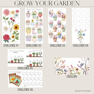 Puede incluir: Una colecci&oacute;n de hojas de desaf&iacute;o Grow Your Garden con ilustraciones en acuarela de flores, plantas en macetas, verduras y paquetes de semillas. El set incluye seis desaf&iacute;os numerados y un dise&ntilde;o de sobre floral con varios iconos de seguimiento.