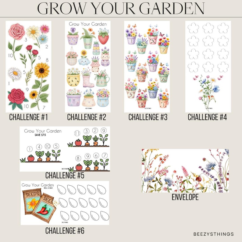 Puede incluir: Una colecci&oacute;n de hojas de desaf&iacute;o Grow Your Garden con ilustraciones en acuarela de flores, plantas en macetas, verduras y paquetes de semillas. El set incluye seis desaf&iacute;os numerados y un dise&ntilde;o de sobre floral con varios iconos de seguimiento.
