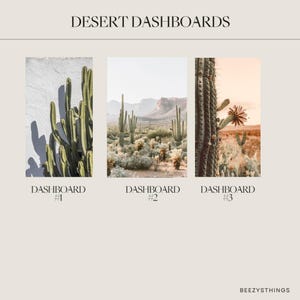 May include: Three desert-themed dashboard prints. The first shows a cactus against a white wall. The second depicts a desert landscape with mountains. The third features a cactus with a flower. The text "Desert Dashboards" and "Dashboard #1, #2, #3" are included.
