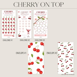 Könnte beinhalten: Eine Sammlung von Schreibwaren zum Thema Kirsche. Enthält drei Challenge-Karten mit Kirschillustrationen und Sparzielen sowie zwei Umschlagdesigns mit Kirschmustern. Der Text "CHERRY ON TOP" steht oben.