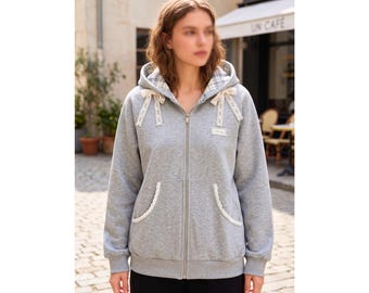 Sudadera con capucha y lazo, suéter con capucha y cremallera para mujer, Coquette Clothing