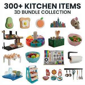 May include: An image displaying a variety of kitchen items, such as a green avocado, a slice of toast, a cityscape, a skull, a spice rack, a candy dispenser, a colander, a basket of utensils, a paper towel holder, and more. The text reads "300+ KITCHEN ITEMS 3D BUNDLE COLLECTION."