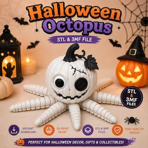 May include: A white 3D printed octopus with a pumpkin-shaped head, featuring a black stem, one large round eye, and one black button eye. The creature has eight segmented tentacles and a stitched scar detail on its forehead. Text reads Halloween Octopus.