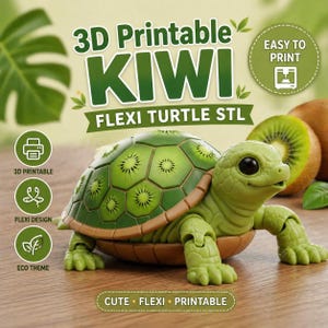 Ledad Kiwi-sköldpadda 3D STL-fil - Flexi Fruit Turtle 3D-utskrift - Kawaii Desk Buddy - Print-in-Place - Support Gratis modal