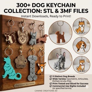 Puede incluir: Un tablero de madera con una colección de llaveros con temática de perros. Los llaveros presentan diferentes razas de perros en varios colores y estilos. El texto en el tablero dice "300+ DOG KEYCHAIN COLLECTION: STL & 3MF FILES" y "Dog Lovers' Key Station."