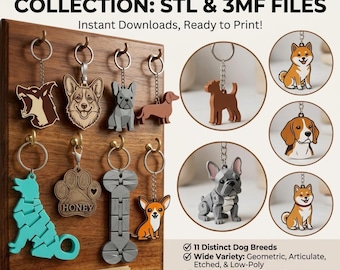 May include: A wooden display board with various dog-themed keychains. The keychains feature different dog breeds in various colors and styles. Text on the board reads "300+ DOG KEYCHAIN COLLECTION: STL & 3MF FILES" and "Dog Lovers' Key Station."