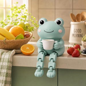 Ledad groda STL-fil | Söt groda med kaffekopp | Flexibel djurmodell 3D-utskrift | Kawaii skrivbordsdekor | Skrivbordsdjur | Present till kaffeälskare