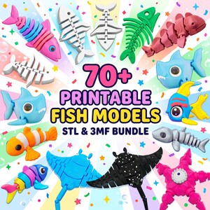 Könnte beinhalten: Ein farbenfrohes Bild mit 3D-gedruckten Fischmodellen in verschiedenen Farben und Designs. Die Modelle umfassen Haie, Clownfische und Fischskelette. Der Text lautet "70+ Printable Fish Models STL & 3MF Bundle."
