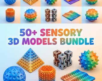 May include: A collection of colorful 3D sensory models, including spheres, pyramids, and textured shapes. The image features a variety of tactile designs in shades of blue, orange, and green. Text on the image reads "50+ SENSORY 3D MODELS BUNDLE."