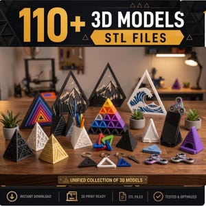 Puede incluir: Una colección de objetos impresos en 3D que incluye pirámides, organizadores de escritorio geométricos, marcos artísticos de montañas y olas, llaveros y fidget spinners. El texto 110+ 3D MODELS STL FILES es claramente visible.