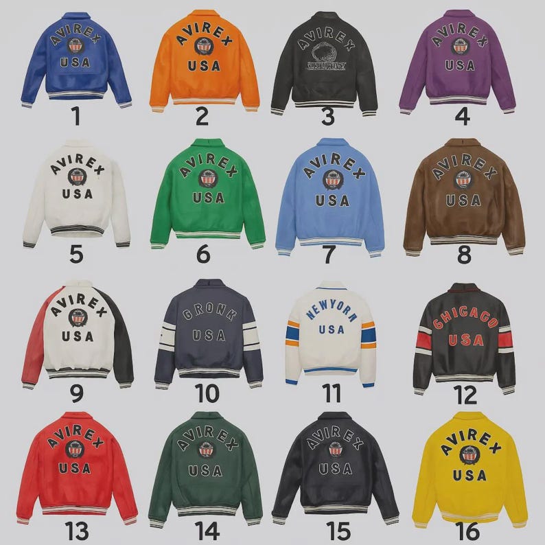 May include: A collection of sixteen bomber jackets in various colors, including blue, orange, black, purple, white, green, brown, red, and yellow. Each jacket features the "AVIREX USA" logo on the front and back, with some jackets displaying city names.
