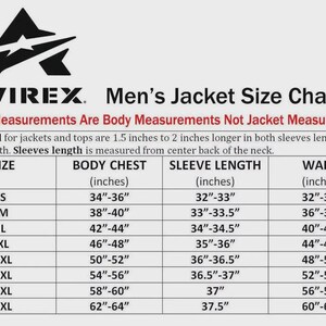 May include: A chart with the Avirex logo displays a men's jacket size guide. The chart includes body chest, sleeve length, and waist measurements in inches, ranging from size S to 5XL. The text clarifies these are body measurements.