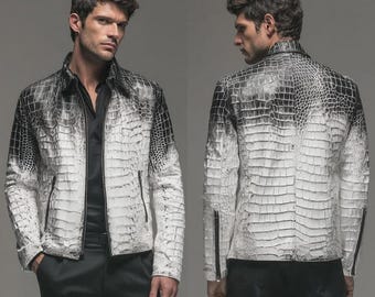 Men's Crocodile Leather Jacket – Black White Ombre Exotic Statement Coat
