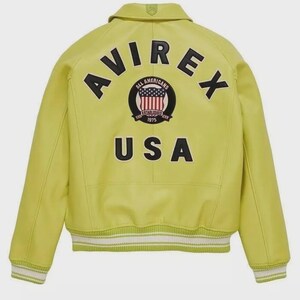 May include: A chartreuse leather jacket with the word "AVIREX" arched across the back in black block letters. Below the word "AVIREX" is a circular patch with the words "ALL AMERICANS ESTABLISHED 1975" and a graphic of the American flag. The word "USA" is below the patch.