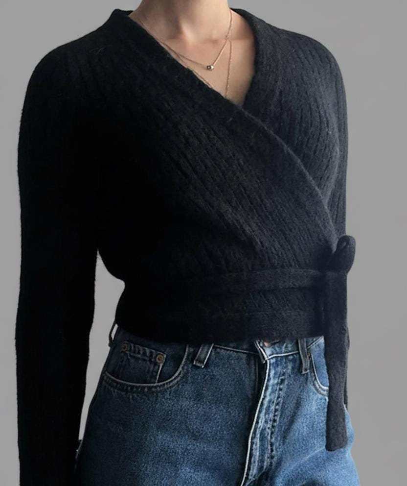 Cardigan Court Ouvert Fille 12/14 Ans – Noir, Tricot Effet Velours, Motif Fleuri