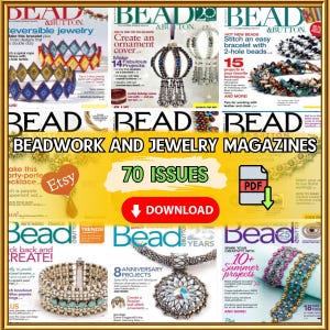 Könnte beinhalten: Eine Sammlung von "Bead & Button" Magazinen, die verschiedene Perlenarbeiten und Schmuckprojekte zeigen. Die Cover zeigen farbenfrohe Perlenarmbänder, Halsketten und Ornamente. Das Bild enthält den Text "Beadwork and Jewelry Magazines" und "70 Issues".
