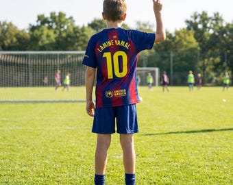 Lamine Yamal #10 FC Barcelona Kids Soccer Jersey, Youth Barca Home Kit, Football Set