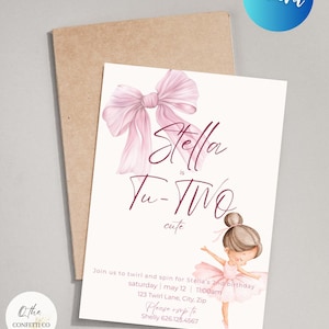 May include: A printable invitation for a second birthday party. The design features a watercolor illustration of a ballerina, a pink bow, and the text "Stella is Tu-TWO cute." Includes party details and "Instant Download!"