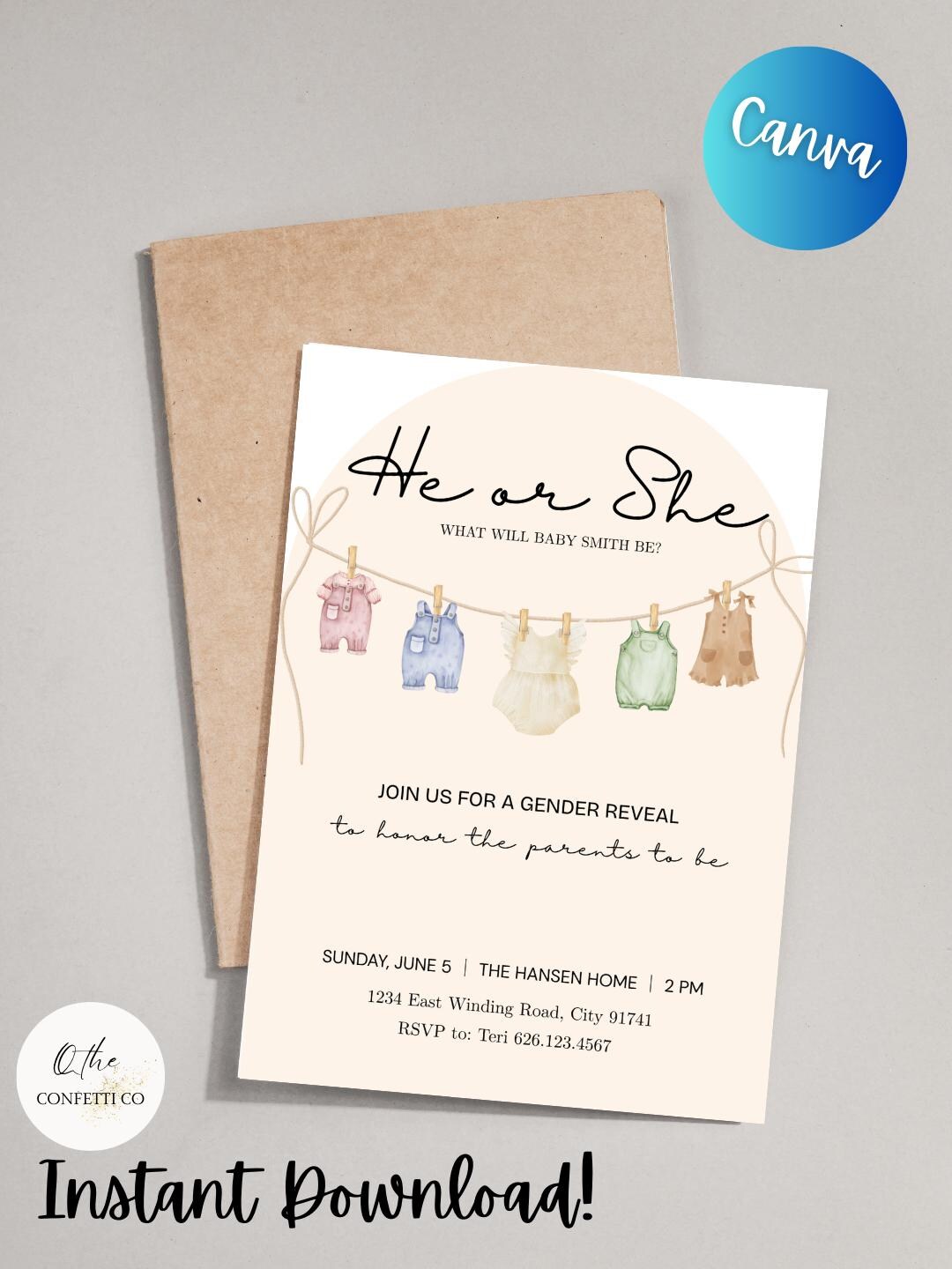 He or She Gender Reveal Invitation, Editable Canva Template (digital ...