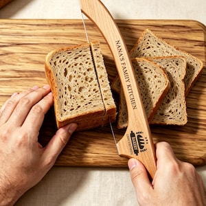 May include: A wooden bread slicer with a wire blade is cutting a slice of bread on a wooden cutting board. The bread is whole wheat. The slicer has the text "NANA'S FAMILY KITCHEN" and "BAKERY GRACE BROTHERS" printed on it.