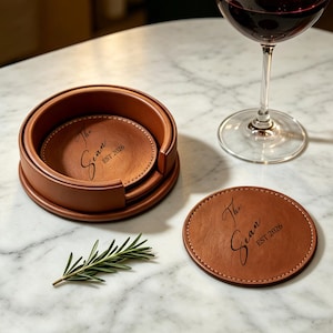 Personalized Leather Coaster Set of 6, Custom Engraved Family Name Date Round Coasters With Holder, Wedding Housewarming Anniversary Gift