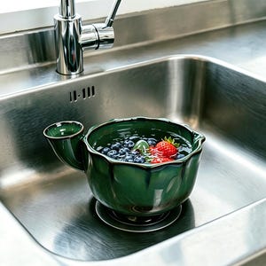 Ceramic Berry Washing Bowl, Automatic Swirl Fruit Colander, Kitchen Fruit Rinse Bowl, Vintage Green Stoneware Berry Bowl,
