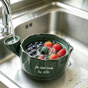 Ceramics Berry Washing Bowl with Drain Spout, Fruit Rinsing, Farmhouse Prep Bowl for Berries & Veggies,Tabletop Decor, Housewarming Gift