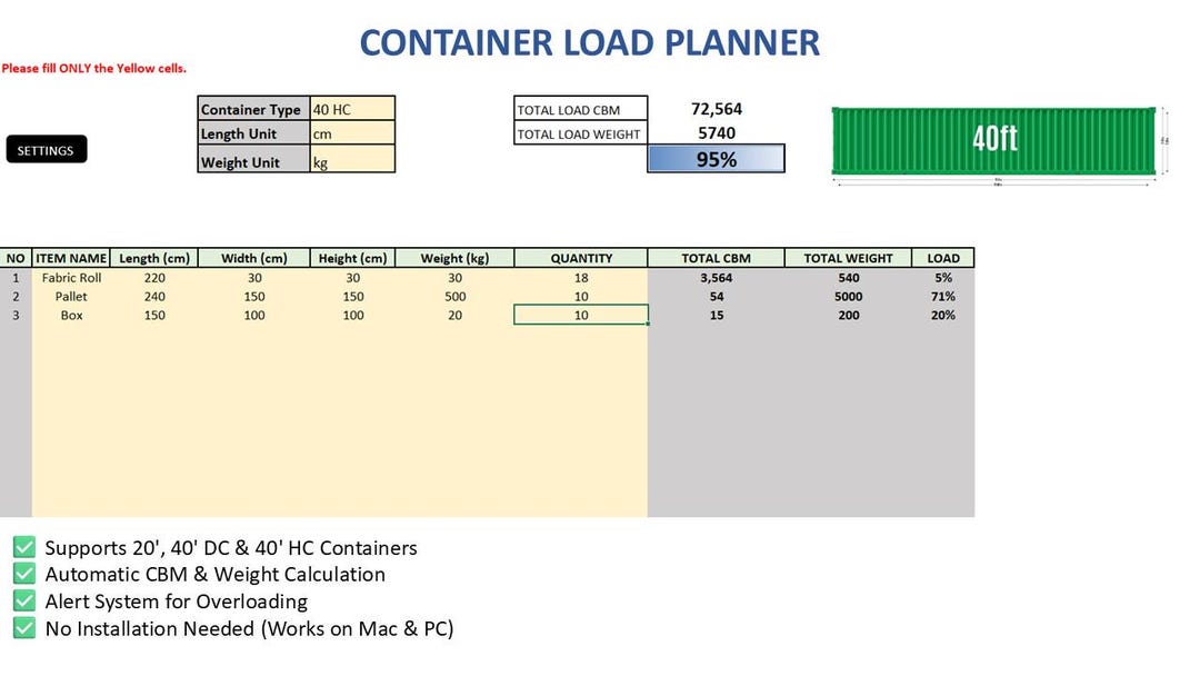 Container Load Planner Excel Template | CBM & Weight Calculator ...