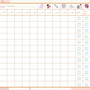 May include: A blank shift planner with a grid layout, featuring sections for patient information, notes, and care plans. The title "Shift Planner!" is at the top, with icons of medical tools and personnel. The planner is designed with a soft color palette.
