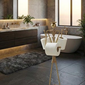 May include: A gold-colored, free-standing toilet paper holder with a geometric design. The holder has a square base and a decorative top, holding three rolls of white toilet paper. The bathroom setting features a modern design with a gray rug and dark tile flooring.
