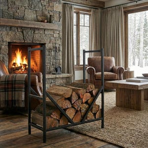 May include: A black metal log holder, filled with stacked logs, stands before a stone fireplace with a burning fire. The room has wooden flooring, a leather armchair, and neutral curtains.