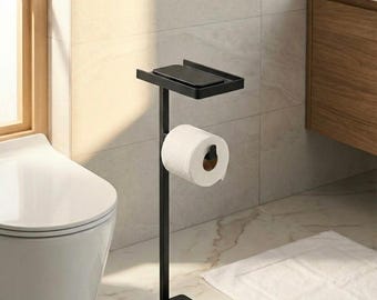 Modern stående toalettpappershållare med toppbricka – Minimalistisk badrumsinredning